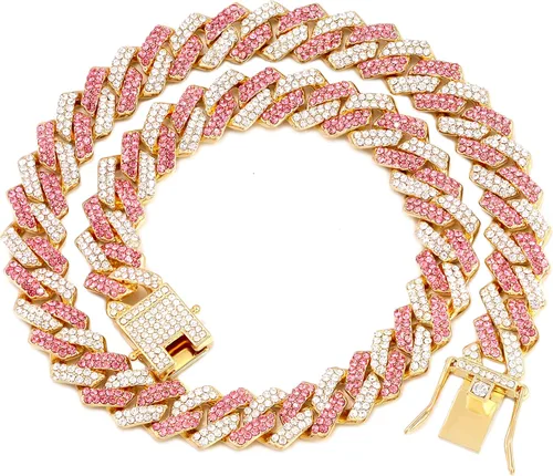 Vista 10 de Collar de cadena dorada para perro, collar cubano de diamantes para caminar, collar de cadena de metal con diseño de hebilla segura, collares
