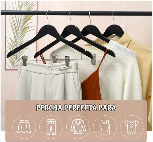 Vista 8 de HOUÍSM - Perchas de madera con clips, perchas resistentes para pantalones y faldas, perchas de madera maciza para pantalones, jeans, ropa