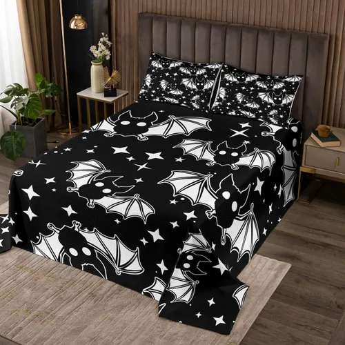 Vista 18 de Erosebridal Juego de colcha de murciélago de Halloween, tamaño individual, estrellas con purpurina y galaxia, para niños, decoración de Halloween
