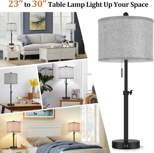 Vista 7 de Kondras Table Lamps for Bedroom Set of 2, 23''-30'' Adjustable Height Bedside Lamps with 2 USB Ports, Black Nightstand Lamps with Grey Linen Shade