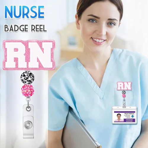 Vista 2 de Plifal Carrete de identificación RN retráctil con clip para ID para enfermera, etiqueta de nombre de enfermería linda, tarjeta blanca, cocodrilo