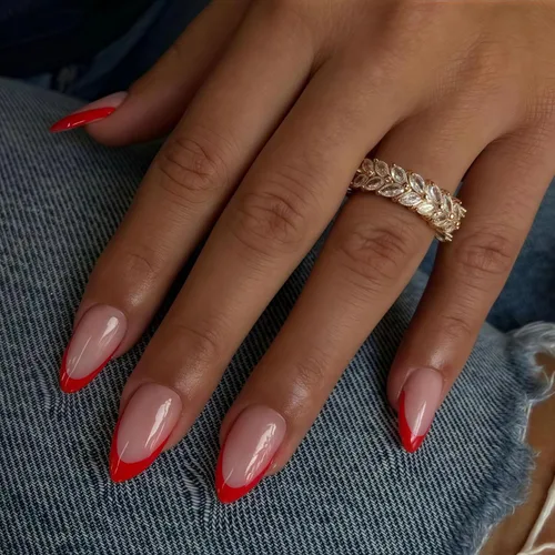 Vista 34 de Uñas postizas a presión con punta francesa negra, uñas cortas de almendra, uñas con pegamento para mujer, uñas acrílicas francesas de gel, uñas
