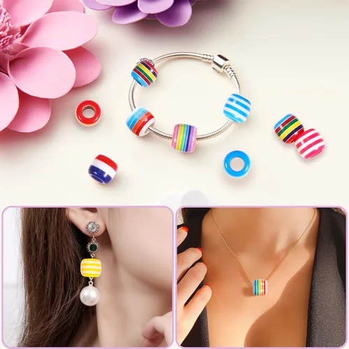 Vista 4 de 100 cuentas europeas de agujeros grandes, cuentas espaciadoras de colores surtidos, para manualidades, joyería, manualidades, collares, suministros