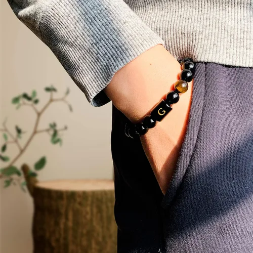 Vista 38 de SUMMER LOVE Regalos para el Día del Padre, pulsera con inicial de piedra de ónix negro de 0.394 pulgadas para hombres, pulsera de cuerda trenzada