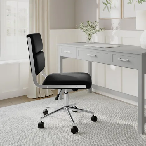 Vista 2 de Martha Stewart Lulu - Silla giratoria con asiento ajustable en altura para oficina en casa en piel sintética negra con marco de níquel pulido
