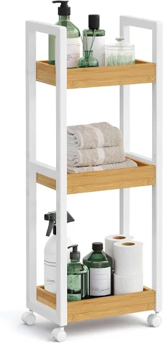 Vista 10 de SONGMICS Estantería de bambú para baño, con 3 niveles ajustables para plantas, de montaje en pared o de pie, para la sala de estar, balcón, cocina
