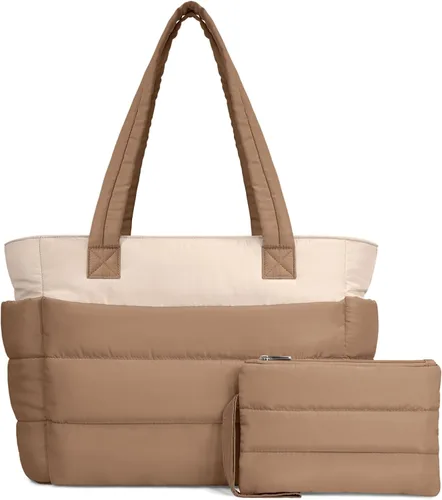 Vista 33 de TOPDesign Bolsa Tote Acolchada para Mujer, Bolso de Mano Ligero Inflado con Compartimentos, Bolsa de Hombro Acolchada para Trabajo, Viajes, Gimnasio