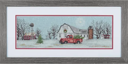 Vista 6 de Dimensions 70-08998 Kit de punto de cruz navideño de granja de invierno, 45.72 x 15.24 cm, 14 unidades de aida azul, 5 piezas 14 unidades Azul Aida
