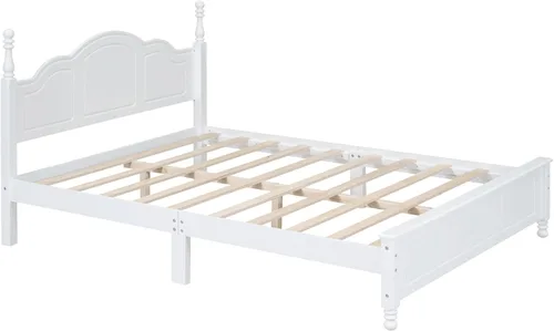 Vista 4 de SOFTSEA Base de cama tamaño Queen con cabecero alto y estribo, cama de plataforma clásica con listones de madera