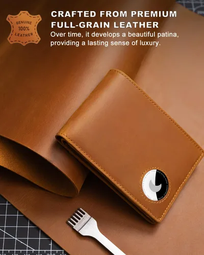 Vista 47 de Billetera AirTag para hombre, de piel auténtica plegable con bloqueo Rfid AirTag con ranuras para efectivo y ventana de identificación, compatible