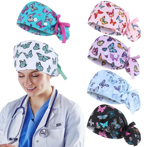 Vista 7 de 6 gorras de uniforme médico con lazo para mujer, sombreros de enfermería con botones ajustables para atar en la espalda, gorra de trabajo