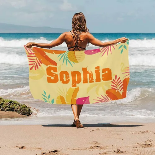Vista 2 de InterestPrint Toalla de playa personalizada para mujeres y hombres, hojas tropicales, naranja, toallas de playa personalizadas con nombres, manta