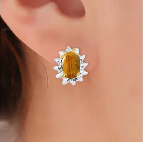 Vista 5 de Rylos Simply Elegant Beautiful - Juego de anillos y aretes con dije de ojo de tigre y diamantes a juego, piedra natal de noviembre*, Metal, Ojo