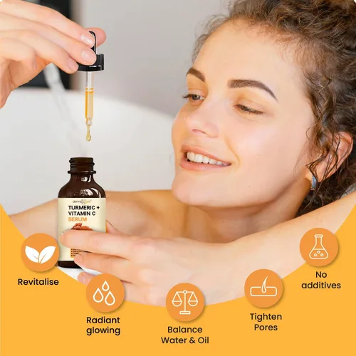 Vista 5 de Suero facial de cúrcuma + vitamina C, tratamiento orgánico para el acné, tono de piel claro, hidrata la piel opaca y seca, suero facial