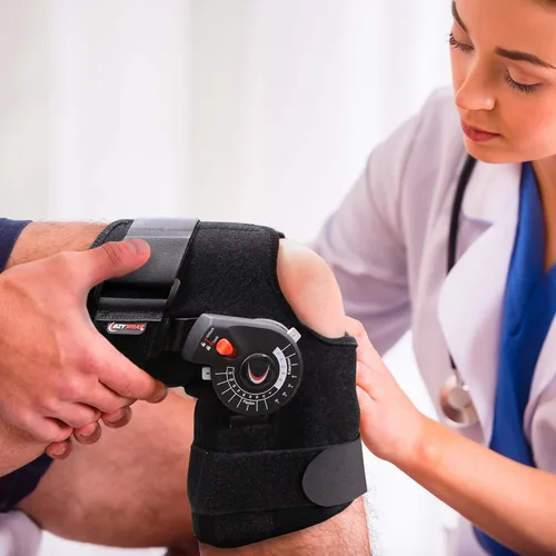 Vista 6 de Rally ROM Rodillera con bisagras, soporte de rodilla de compresión ajustable con bisagras ROM extraíbles y control de flexibilidad de bloqueo