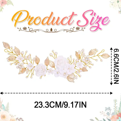 Vista 7 de Unicra Flor novia pelo vid perla pieza de pelo nupcial hoja accesorios para el pelo diadema de diamantes de imitación para mujeres y niñas (dorado)