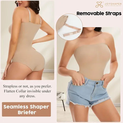 Vista 2 de JOYSHAPER Body sexy sin tirantes para mujer, con hombros descubiertos, sin costuras, camiseta sin mangas, leotardo de una pieza