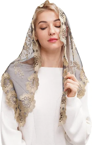 Vista 6 de Mantilla triangular de encaje para cubrir la cabeza de masas latinas velo de encaje grande
