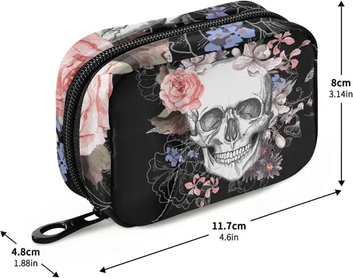 Vista 3 de Naanle Pastillero de acuarela con diseño de calavera y flores de 7 días, bolsa organizadora de píldoras de viaje con cremallera, funda semanal