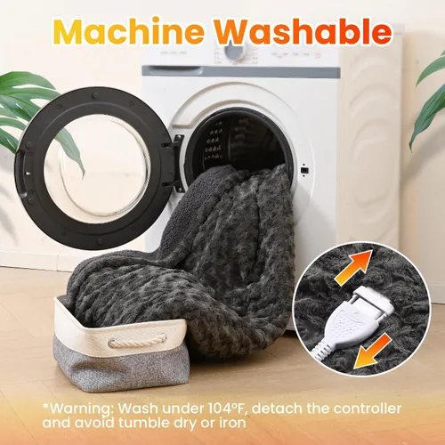 Vista 5 de WOOMER Manta térmica tamaño full de 77" x 84", manta eléctrica con control, temporizador de 0.5 a 12 horas y 10 niveles de calentamiento