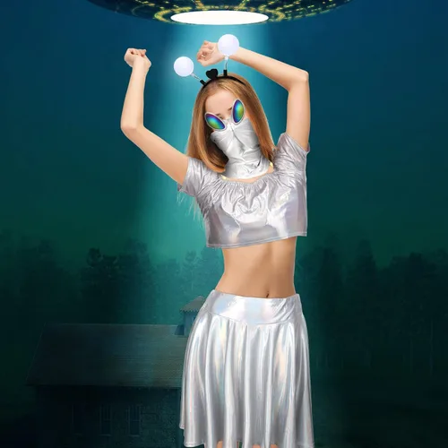 Vista 5 de Jiuguva 6 piezas de disfraz de alienígena de Halloween para mujer, diadema de alienígena, lentes, faldas metálicas, traje superior para adultos