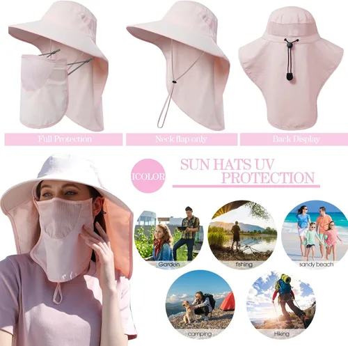 Vista 4 de icolor Sombrero solar para mujer con protección solar UPF 50+ de ala ancha, visera de protección solar UV con solapa de cuello de 12 pulgadas