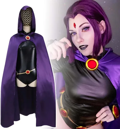 Vista 6 de Disfraz de cosplay de TeenTitans-Raven, overol de lujo con cinturón con capa morada, uniforme de Halloween, disfraz de cosplay para mujer