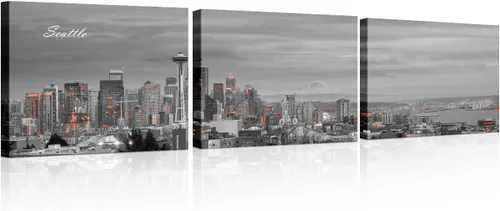 Vista 35 de 3 paneles de Atlanta Skyline vista de la ciudad en blanco y negro, imágenes panorámicas de edificio de ciudad, decoración de pared para sala
