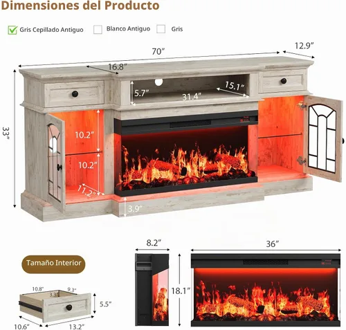 Vista 2 de QUW - Soporte de TV con chimenea estilo granja de 70 pulgadas para televisores de hasta 80 pulgadas, centro de entretenimiento con chimenea
