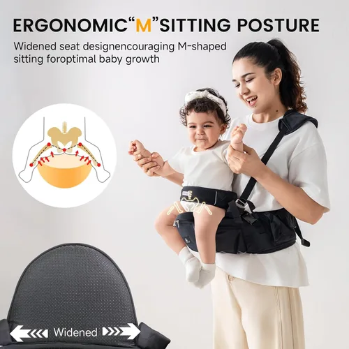 Vista 2 de Portabebés ergonómico de cadera para bebé, taburete de cintura para bebé con correa ajustable y arnés de pecho, gran almacenamiento mejorado