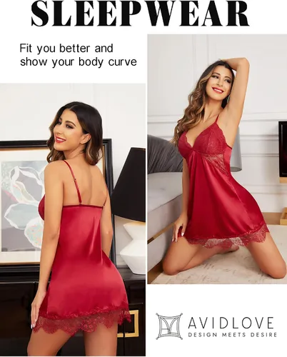 Vista 6 de Avidlove Camisón de seda para mujer, ropa de dormir sexy de encaje, sin mangas, de satén, vestido camisero