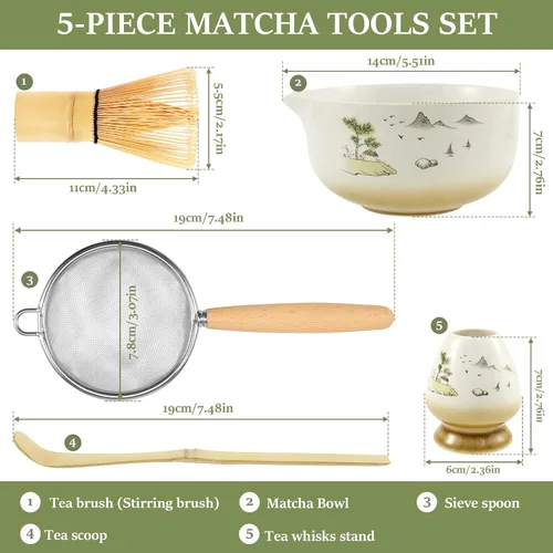 Vista 6 de Juego de batidor de matcha con cuenco matcha, batidor de bambú, tamiz, soporte para batidores, cuchara, kit de inicio de 5 piezas, kit de té