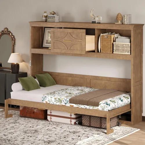Vista 3 de MERITLINE Cama Murphy horizontal individual con estantes de almacenamiento, cajón y estación de carga, cama de pared de madera maciza con Madera