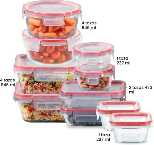 Vista 2 de Pyrex Freshlock - Juego de 10 recipientes de vidrio herméticos para almacenamiento de alimentos de tamaños variados, sin tóxicos, con tapas