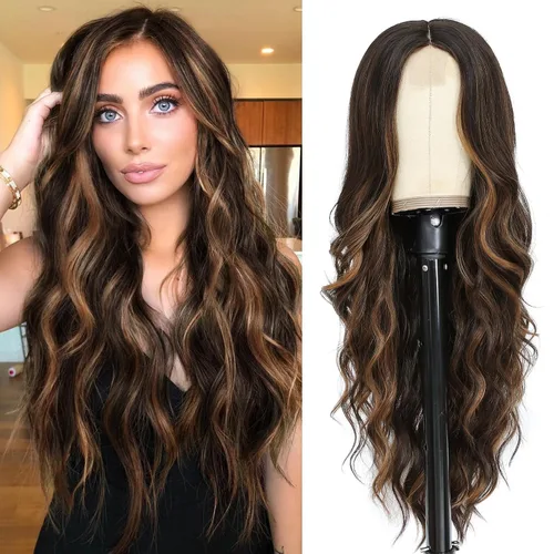 Vista 39 de NAYOO Peluca larga ondulada rubia ombré para mujer, de 26 pulgadas, parte media, rizada, ondulada, de aspecto natural, fibra sintética resistente al