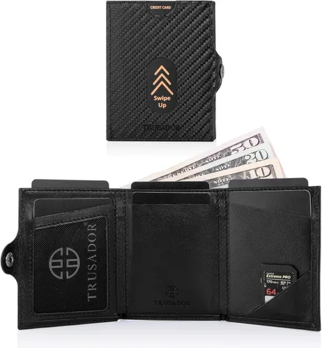 Vista 3 de TRUSADOR Valencia Cartera de piel unisex pequeña compacta bolsillo frontal RFID con bolsillo monedero, Carbon, Con bolsillo para monedas