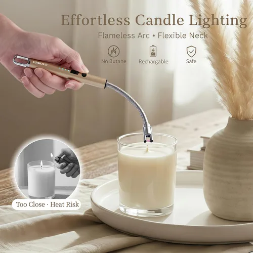 Vista 2 de TOMOLO Encendedor de velas eléctrico, encendedor de cuello largo y flexible con interruptor de seguridad, resistente al viento, de plasma, sin