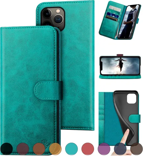 Vista 8 de DuckSky Funda tipo cartera de piel auténtica para iPhone 11 Pro con bloqueo RFID, 4 tarjeteros de crédito. Cuero auténtico. Funda protectora