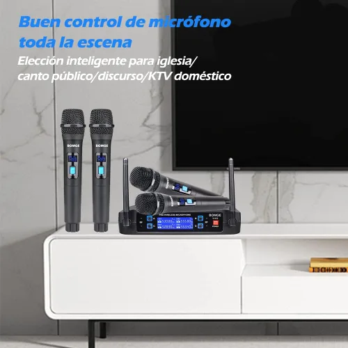 Vista 2 de BOMGE Sistema de micrófono inalámbrico, juego de micrófono inalámbrico Pro de 4 canales con cuatro micrófonos de mano, frecuencia fija, largo