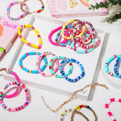 Vista 6 de Equsion 100 Pcs Preppy Heishi Surfer Bracelets Set Colorful Beaded Stretch Bracelets Clay Bracelets for Women Girls Teens