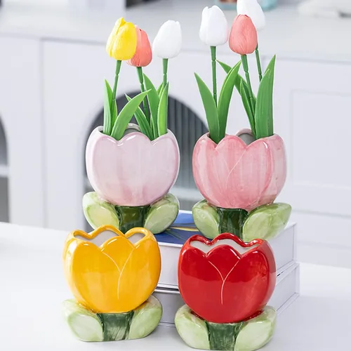 Vista 6 de TANG SONG Soporte para brochas de maquillaje de tulipanes de cerámica, caja de almacenamiento de cosméticos de flores, soporte para bolígrafos y Rosa