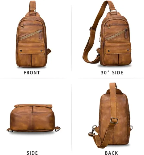 Vista 4 de IVTG Bolso bandolera de cuero genuino para hombres y mujeres, estilo vintage, hecho a mano, bolso de hombro, bolso cruzado en el pecho, Marrón