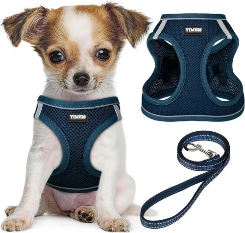 Vista 19 de YIMEIS Juego de arnés y correa para perro, arnés de malla suave sin tirones, chaleco reflectante ajustable para cachorros para perros pequeños