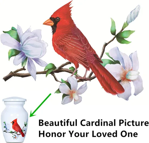 Vista 6 de Red Cardinal Bird - Urna de recuerdo pequeña para cenizas humanas o cenizas de mascotas, mini urna de cremación de aluminio para cenizas - Soporte