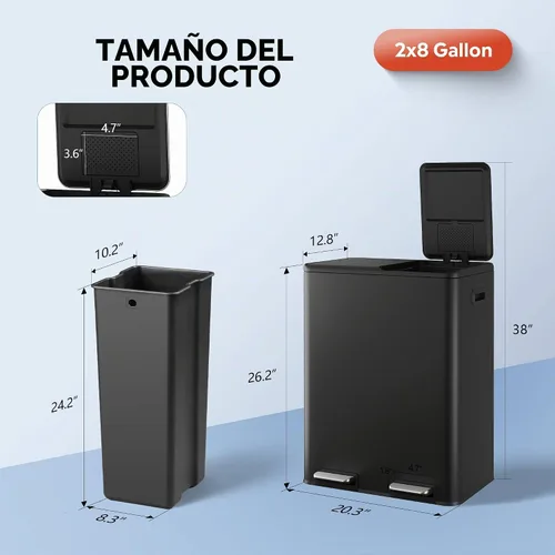 Vista 3 de WLIVE Bote de basura doble de acero inoxidable de 2 x 8 galones, cubo de basura doble para cocina con tapa de cierre suave, combo de basura