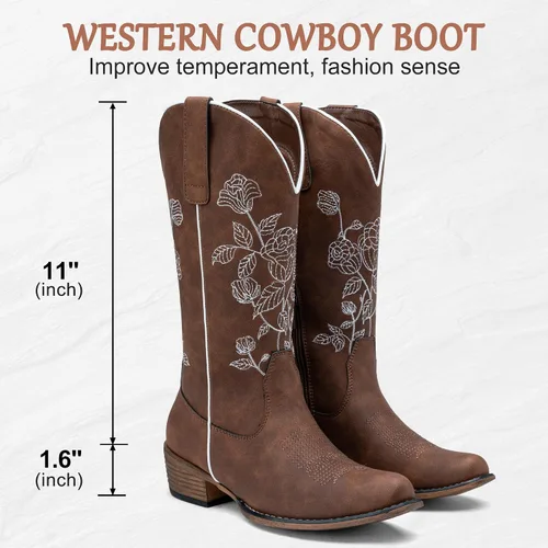 Vista 8 de Jeossy Botas vaqueras a media pantorrilla con bordado de flores, tacón bajo, botas vaqueras occidentales 9807 para mujer