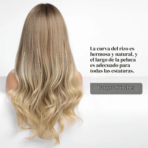 Vista 3 de HAIRCUBE Peluca de color marrón a rubio con flequillo para mujer, peluca de cabello largo ondulado marrón y rubio, pelucas sintéticas rizadas