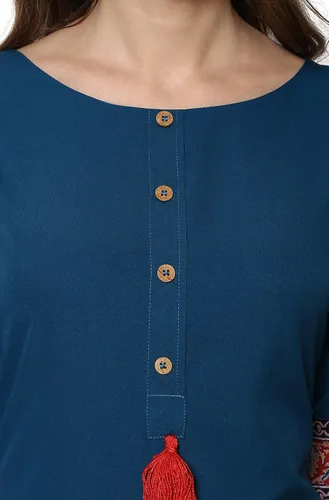 Vista 7 de Janasya Mujeres Azul Impreso Túnica TopsKurti Con Borlas