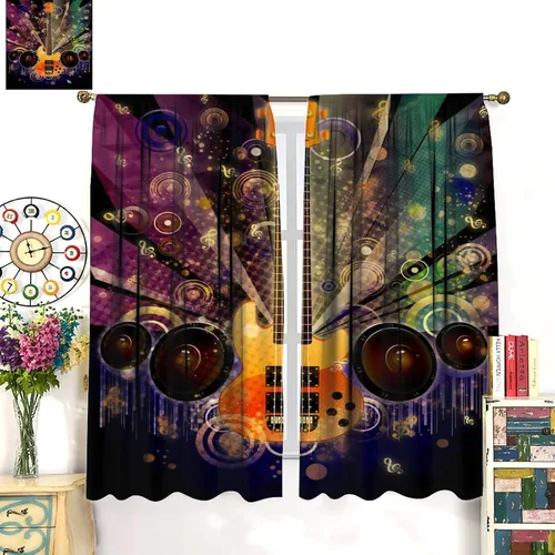 Vista 3 de Cortinas de música rock para adolescentes, tratamiento de ventana de guitarra electrónica para dormitorio, sala de estar, cortinas de ventana