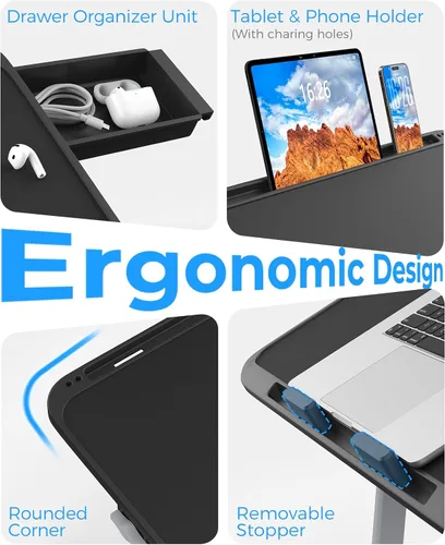 Vista 4 de HETTHI Bandeja de escritorio para cama de laptop, soporte ajustable y resistente para computadora portátil con materiales de primera calidad